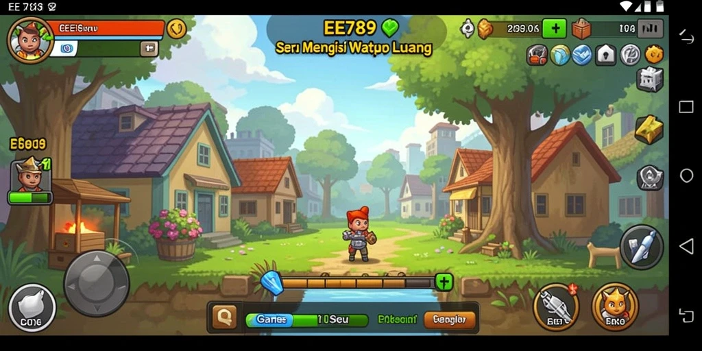 Tampilan gameplay EE789 dengan karakter yang bergerak aktif dalam pengelolaan sumber daya.