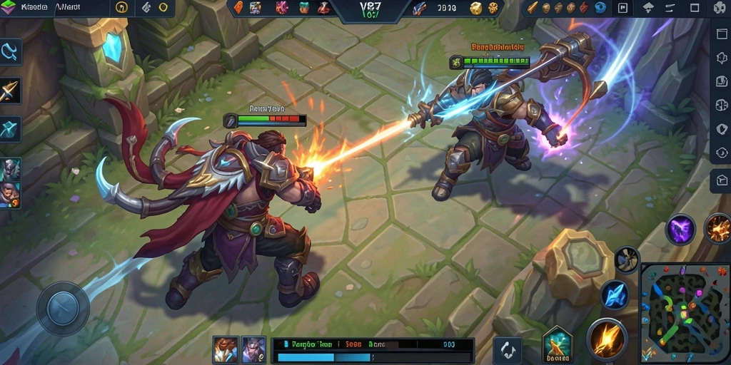 Screenshot gameplay V87 menunjukkan aksi tim dalam pertempuran MOBA.