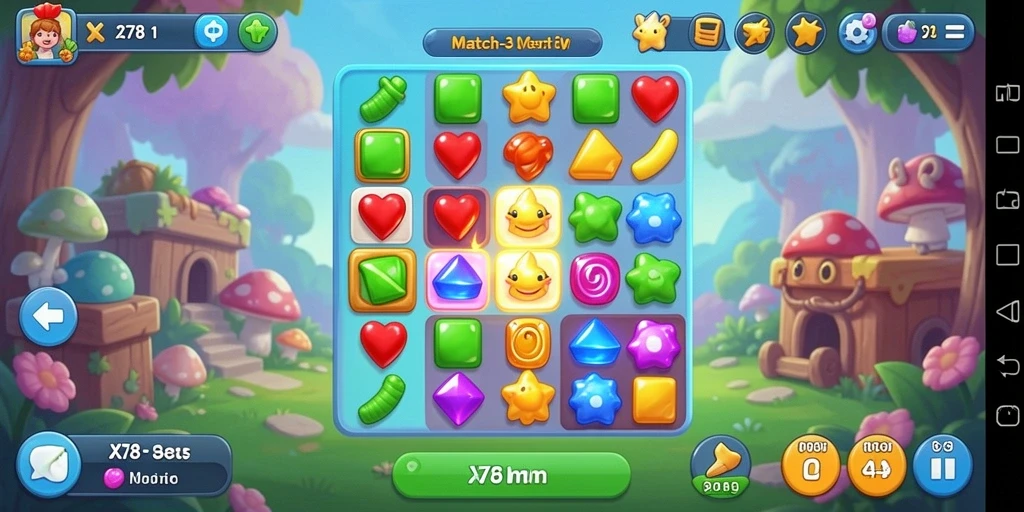Screenshot gameplay X78 menunjukkan kombinasi warna-warna cerah.